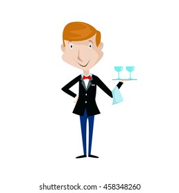 Waiter Restaurant Serving Menu Vector Character Illustration 