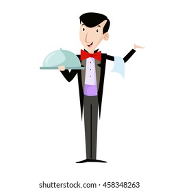 Waiter Restaurant Serving Menu Vector Character Illustration 