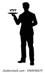 Waiter In Restaurant Silhouette Vector On White Background