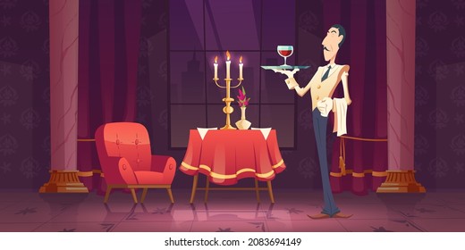 Waiter in restaurant, well-trained servant wear uniform with wineglass on tray and towel hanging hand stand at served table with red tablecloth, chandelier and flowers, Cartoon vector illustration