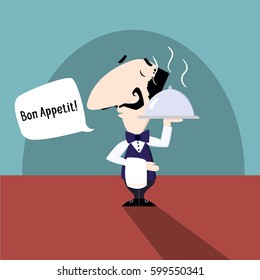 Waiter saying Bon Appetit flat vector illustration fun cartoon style EPS10