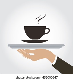 waiter serve coffee hot drink icon , dish up coffee vector