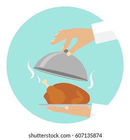 The waiter serves the chicken. Flat design, vector illustration, vector.