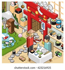 Waiter serves customer outside of a Japanese restaurant decorated with little Asian garden and sushi in shop windows (isometric view)