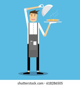 The waiter serves a dish