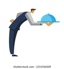 El camarero sirve el plato. Ilustración vectorial de un empleado en un restaurante. Estilo plano. Carácter en uniforme.