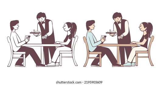 A waiter serves a young married couple in a cafe.  Vector illustration with cartoon style.
