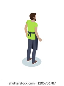 Waiter service at bistro male icon closeup. Server wearing black apron on waist. Staff of cafe or restaurant man serving tables isolated on vector