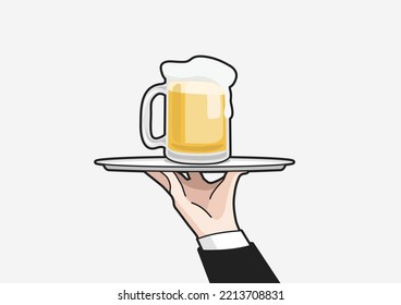 Waiter serving beer. Waiter's hand hold tray with beer glass. Vector