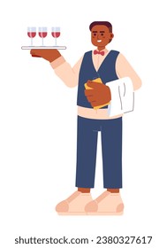 Waiter serving cartoon flat illustration. African american male restaurant server with tray 2D character isolated on white background. Sommelier man. Catering wedding scene vector color image