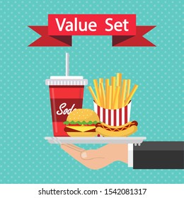 Waiter serving a Cheese hamburger, french fries and soda. fast food concept. waiter hand holding tray of fast food.vector illustration.