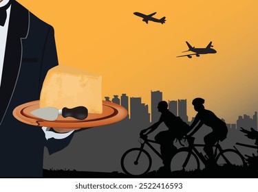 Waiter serving a cheese platter with cyclists riding through the city and airplanes flying overhead