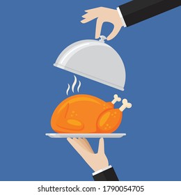 Waiter serving a chicken or turkey. Vector illustration