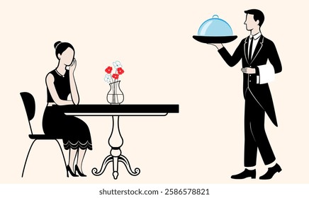 Waiter serving covered dish to woman waiting alone at restaurant table. Vintage retro style, soft colors, minimalism. The scene reflects dining, service, and quiet expectation. Editable, customizable.