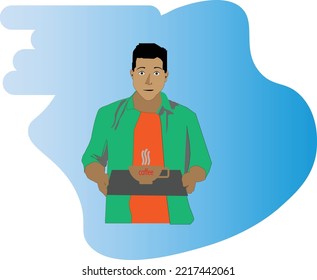 Waiter serving cup of coffee on gray tray.