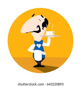 Waiter serving a cup of hot coffee or tea flat vector illustration fun cartoon style EPS10