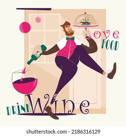 WAITER SERVING CUSTOMERS, MAN WITH WINE AND FOOD, RETRO POSTER WITH WAITER PORTRAIT AND INSCRIPTIONS
