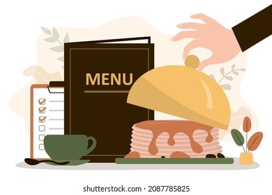 Waiter serving customers. Staff gives ordered pancakes and hot drink to visitor. Delicious breakfast in cafe. Restaurant business concept. Menu book with various morning dishes. Vector illustration
