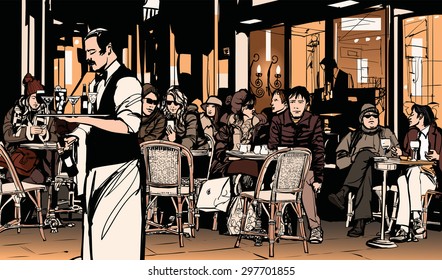 Waiter serving customers at traditional outdoor Parisian cafe - Vector illustration