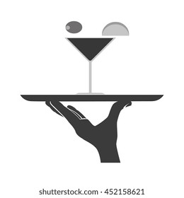 Waiter serving a dish in black and white colors, vector illustration graphic.