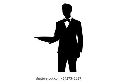 Waiter Serving Dish food Cover Dome silhouette. Sign hand of waiter with serving tray. Waiter serving.

