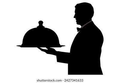 Waiter Serving Dish food Cover Dome silhouette. Sign hand of waiter with serving tray. Waiter serving.
