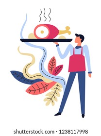 Waiter serving dish on plate, servant working in restaurant