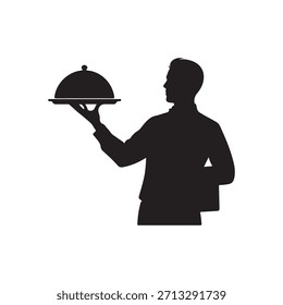 Waiter Serving Dish silhouette vector flat illustration on white background
