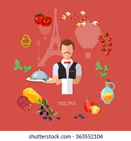 Waiter serving dish in silver platter with lid food in the restaurant vector illustration