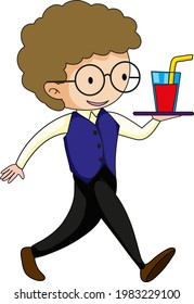 Waiter serving drink cartoon character illustration