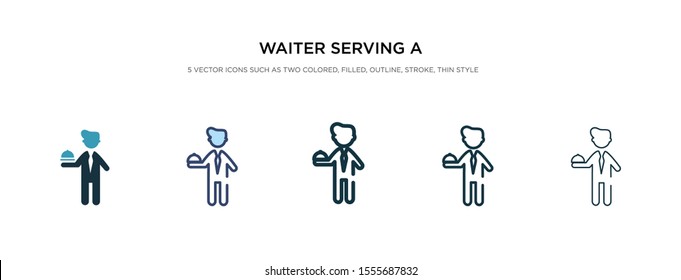 waiter serving a drink on a tray icon in different style vector illustration. two colored and black waiter serving a drink on tray vector icons designed in filled, outline, line and stroke style can