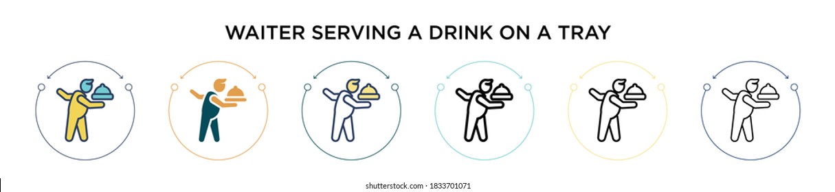 Waiter serving a drink on a tray icon in filled, thin line, outline and stroke style. Vector illustration of two colored and black waiter serving a drink on a tray vector icons designs can be used