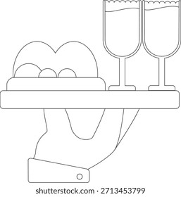 Waiter Serving Food and Drinks Line Art Illustration