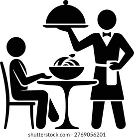 Waiter serving food to a seated customer in a restaurant setting