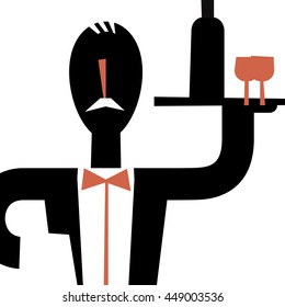 Waiter serving a glasses of wine flat illustration