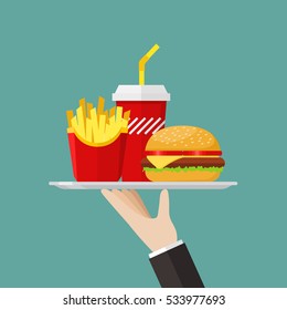 Waiter serving a hamburger french fries and soda. Flat style vector illustration