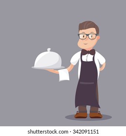 Waiter serving a meal under a silver cloche illustration. Classy waiter in a bow-tie serving a dish in a silver platter with lid. Flat style illustration.