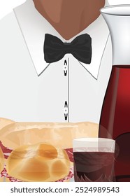 Waiter is serving a meal with wine and food, wearing a white shirt and a black bow tie