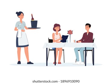 Waiter serving people at restaurant table, cartoon waitress woman holding tray with wine bottle and couple with menu ready to order, isolated vector illustration.
