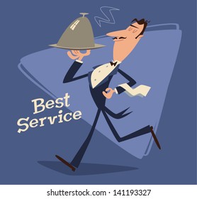 Waiter serving. Retro style vector illustration