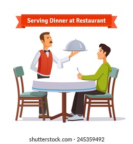 Waiter serving a silver dish with lid to a customer. Flat style illustration or icon. EPS 10 vector.