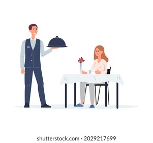 Mozo de agua sirviendo una bandeja de plata con tapa a un cliente en el restaurante, ilustración vectorial plana aislada en fondo blanco. El personal del restaurante sirve comida a los clientes.