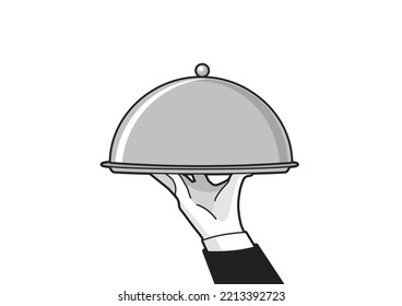 Waiter Serving With Tray. Waiter Hand With Tray And Metal Cloche Lid Cover. Vector