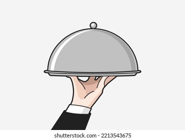 Waiter Serving With Tray. Waiter Hand With Tray And Metal Cloche Lid Cover. Vector