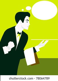 Waiter serving with tray and thinking isolated on background retro vintage
