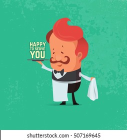 Waiter serving. Vector flat illustration, retro background