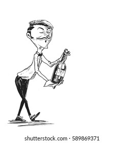 Waiter serving wine, Hand Drawn Sketch Vector illustration.