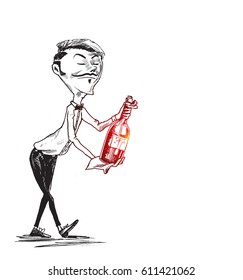 Waiter serving wine, Hand Drawn Sketch Vector illustration.