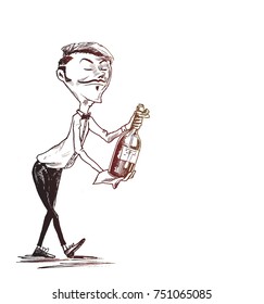 Waiter serving wine, Hand Drawn Sketch Vector illustration.
