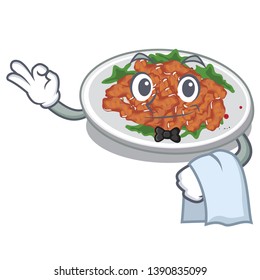 Waiter sesame chicken in a cartoon bowl